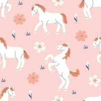 Seamless pattern with cute white horses and flowers. Vector graphics.