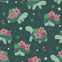 Seamless pattern with blooming turtles on a green background. Vector graphics.