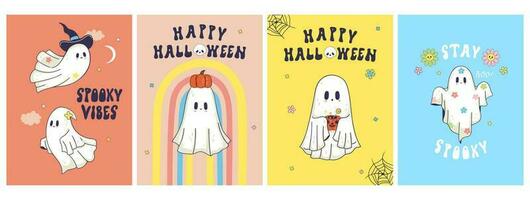 Set of postcards or posters with cute ghosts. Vector graphics.