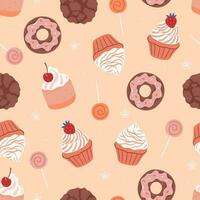 Seamless pattern with donuts, cookies, lollipops and cupcakes. Vector graphics.