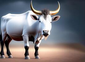 Realistic white cow with golden horns with negative space photo