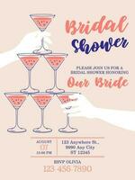 Bridal shower pink invitation card design. Illustration with champagne pyramid with bubbles, vector. Bubbles of sparkling wine, wedding concept. Event, party, presentation, promotion, menu. vector