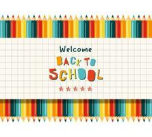 Back to school background banner concept. Modern illustration of colorful pencils with a checkered paper and text. Student, pupil. Trendy vector illustration for card, web banner design.