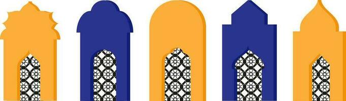 Set of colored and white silhouettes of Islamic windows.Arab frame set.Ramadan kareem simbol icon. vector