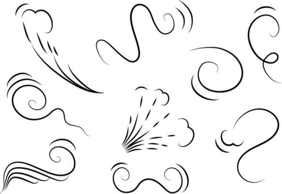 Outline drawing of a breath of wind.Wind blow  set in line style.Wave flowing illustration with hand drawn doodle cartoon style.