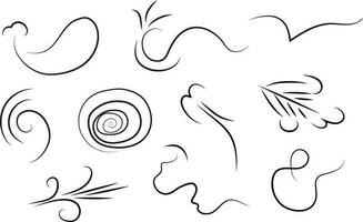 Outline drawing of a breath of wind.Wind blow  set in line style.Wave flowing illustration with hand drawn doodle cartoon style. vector