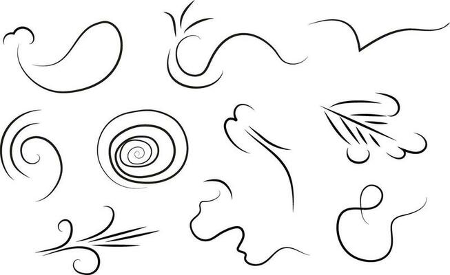 Outline drawing of a breath of wind.Wind blow  set in line style.Wave flowing illustration with hand drawn doodle cartoon style.