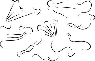 Outline drawing of a breath of wind.Wind blow  set in line style.Wave flowing illustration with hand drawn doodle cartoon style. vector