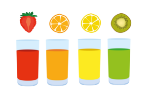 Big set of different juices of diverse colors in glasses bright illustrations or icons isolated on white, cartoon style logo or badge for pure fresh juice png