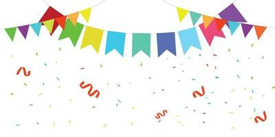 Colorful flags with falling confetti. Event and birthday celebration. Multicolor. vector