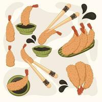 Tempura shrimps set with sauce. Asian food set on a plates and bowls vector