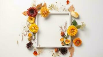 Mockup of picture frame decorated with spring flowers clean space for text on white background photo