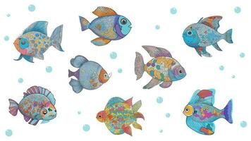 colección de vector linda peces pescado vector íconos grande colocar. conjunto de dibujos animados vistoso pez. vector ilustración para icono, logo, imprimir, icono, tarjeta, emblema, etiqueta, diseño, decorando un guardería. acuario
