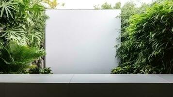 Empty white banner with mock up space white of signboard on plants wall space for text photo