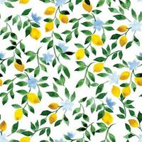 watercolor seamless pattern with small pattern. lemons, flowers and leaves on a white background. vintage print vector