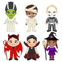 conjunto de Víspera de Todos los Santos niños dibujos animados personaje. niños en un diferente Víspera de Todos los Santos disfraces con el novia de frankenstein, vampiro, momia, bruja, demonio, esqueleto fantasma vector