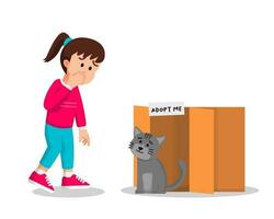 linda pequeño niña ve un solitario gato quien quiere a ser adoptado vector