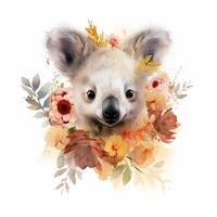 acuarela ilustración. mapache con floral guirnalda ai generado foto