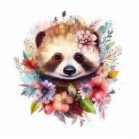 acuarela ilustración. mapache con floral guirnalda ai generado foto