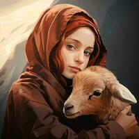 Hijab girl wearing blue color dress and hold goat photo