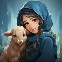 Hijab girl wearing blue color dress and hold goat photo