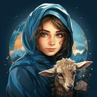 Hijab girl wearing blue color dress and hold goat photo