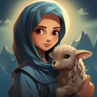 Hijab girl wearing blue color dress and hold goat photo