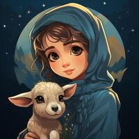 Hijab girl wearing blue color dress and hold goat photo