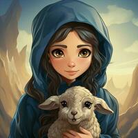 Hijab girl wearing blue color dress and hold goat photo