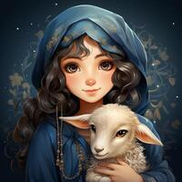 Hijab girl wearing blue color dress and hold goat photo