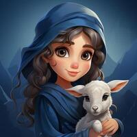 Hijab girl wearing blue color dress and hold goat photo