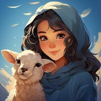 Hijab girl wearing blue color dress and hold goat photo