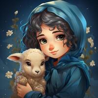 Hijab girl wearing blue color dress and hold goat photo