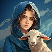 hijab niña vistiendo azul color vestir y sostener cabra foto