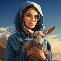 Hijab girl wearing blue color dress and hold goat photo