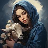 Hijab girl wearing blue color dress and hold goat photo