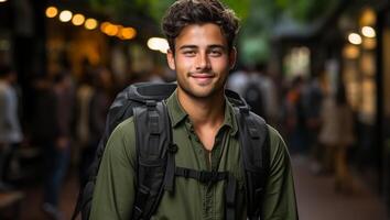 foto retrato de estudiante Encantado Mira y sonriente ai generado