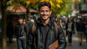 foto retrato de estudiante Encantado Mira y sonriente ai generado