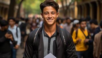 foto retrato de estudiante Encantado Mira y sonriente ai generado