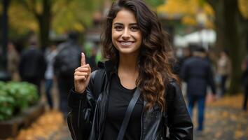 foto retrato de estudiante Encantado Mira y sonriente ai generado