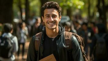 foto retrato de estudiante Encantado Mira y sonriente ai generado