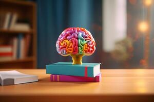 Knowledge and Creativity Colorful Brain on a book, AI Generated photo