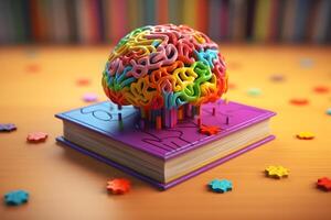 Colorful Brain Art on Book Unleashing Genius, AI Generated photo