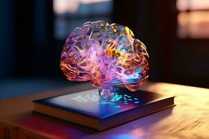 Knowledge meets Creativity Concept, Colorful Brain Light on a book, AI Generated photo