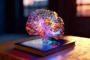Knowledge meets Creativity Concept, Colorful Brain Light on a book, photo