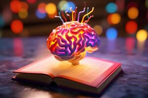 Colorful Glowing Brain on Book Fueling Intellectual Exploration, AI Generated photo