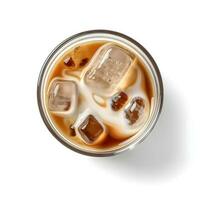 ice coffee in glass view from top isolated on white background, ai generated photo
