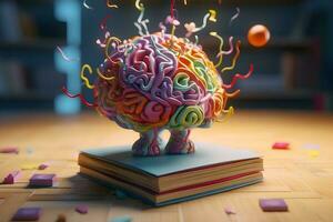 Colorful Brain on Book Illuminating the Mind, AI Generated photo