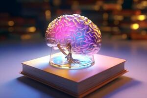 Colorful Glowing Brain on a book, Powering Knowledge and Imagination, photo