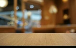 Empty dark wooden table in front of abstract blurred bokeh background of restaurant . can be used for display or montage your products.Mock up for space. photo